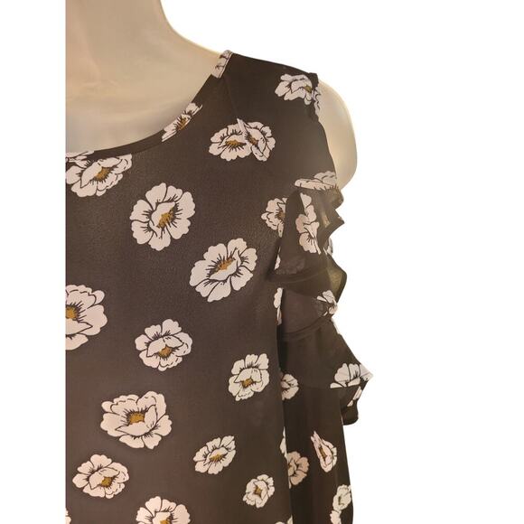 Ann Taylor Shoulder Cutout Blouse Black Floral Long Sleeves Ruffled Sz M - Picture 3 of 8